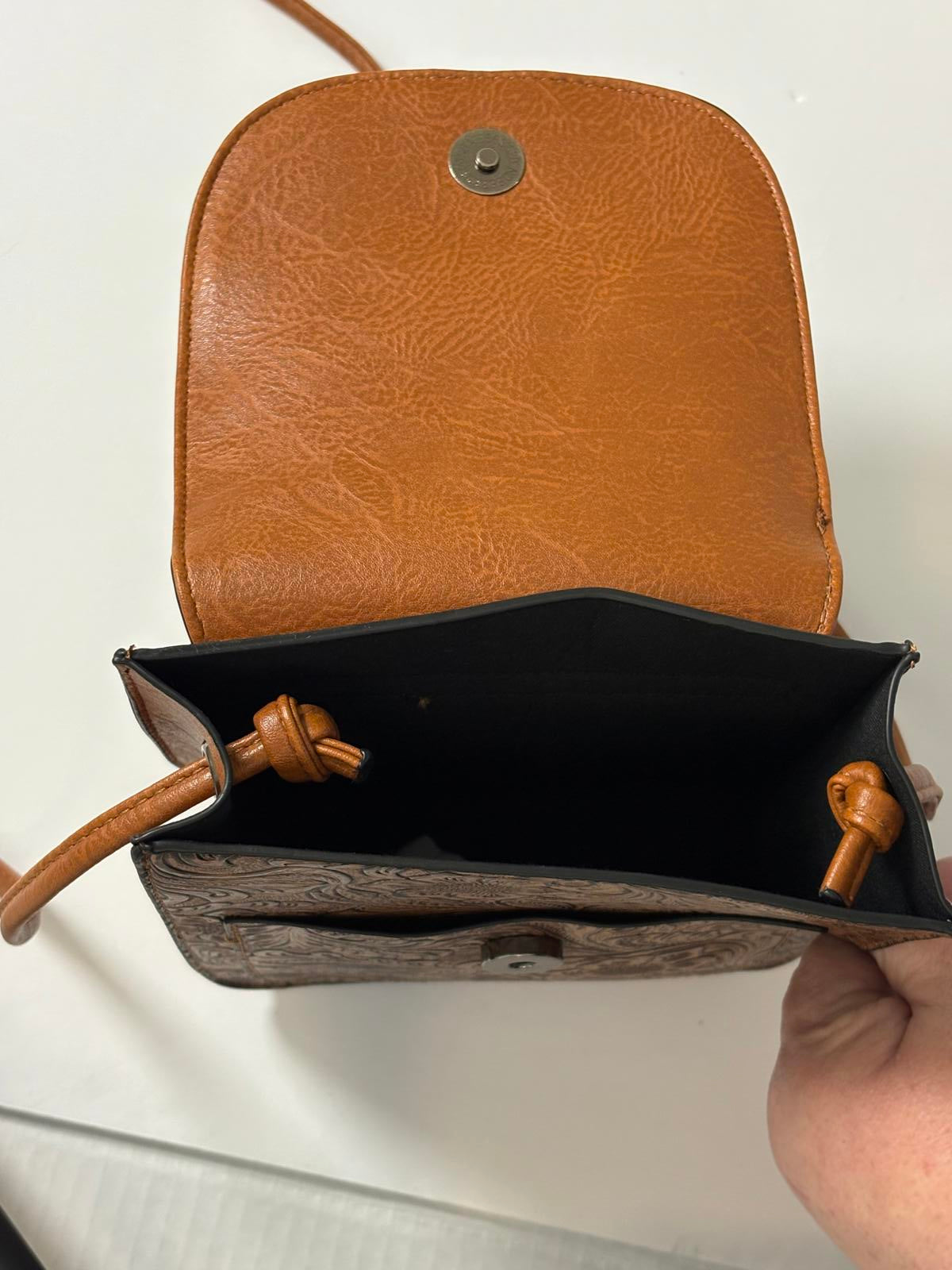 Brown Embossed faux Leather Crossbody Bag with Turquoise Studs and Tassel