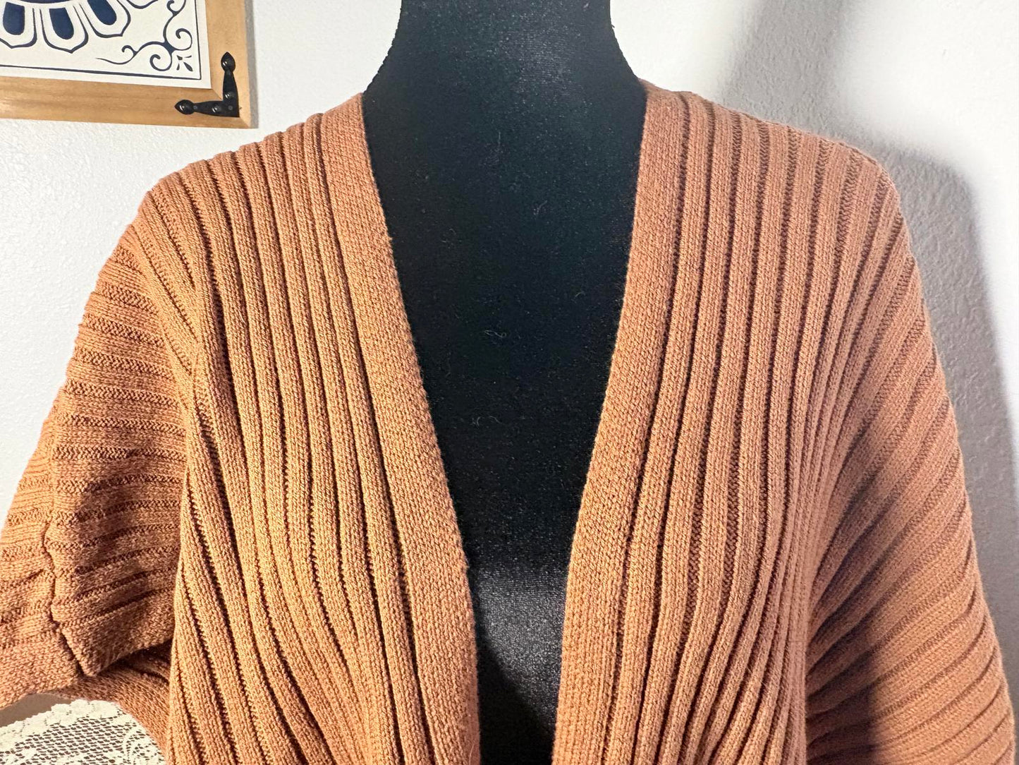 Brown Ribbed Knit Open Front Cardigan with Pockets