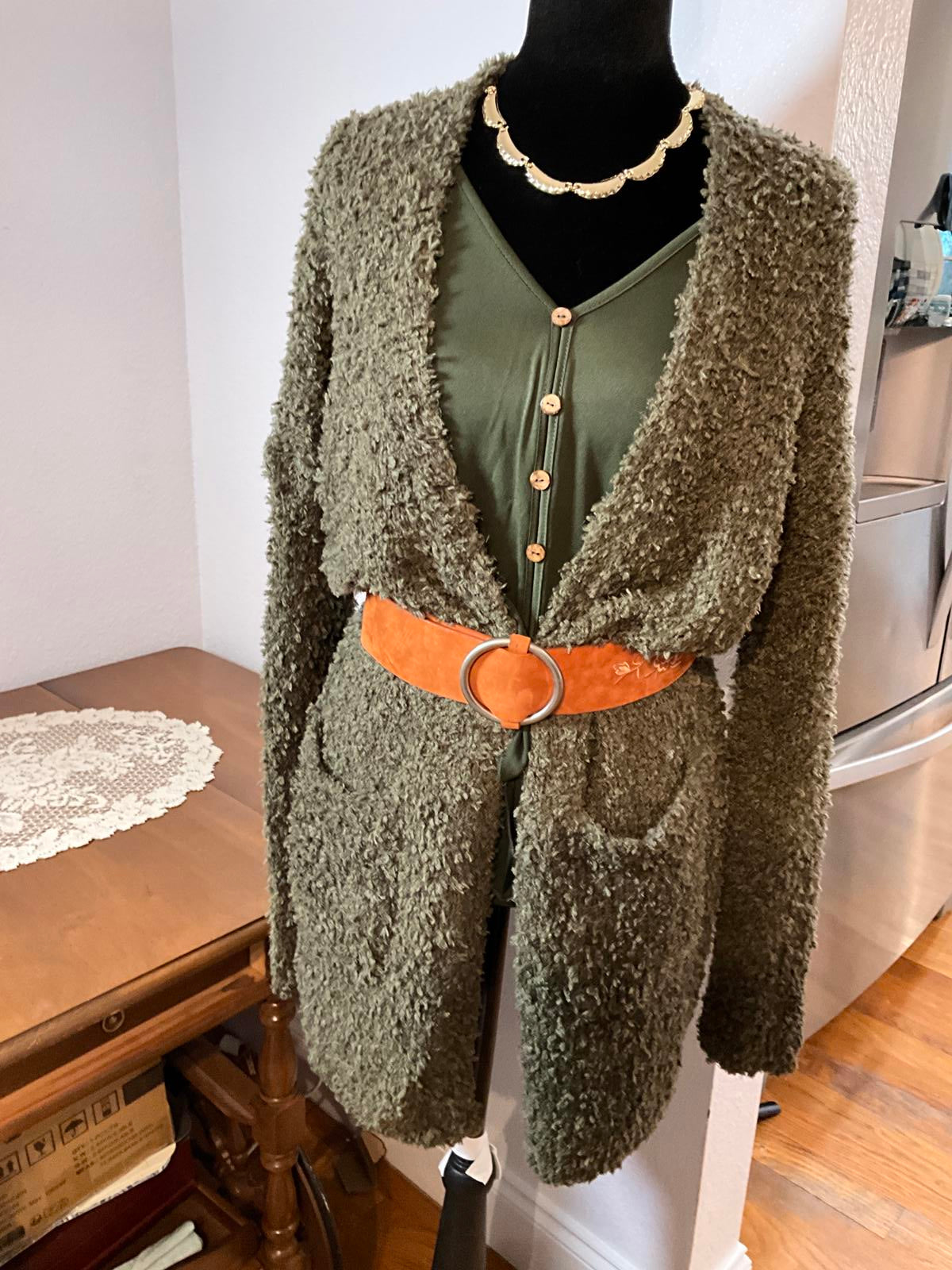 Cozy KL Olive Green Textured Open Front Cardigan Sweater