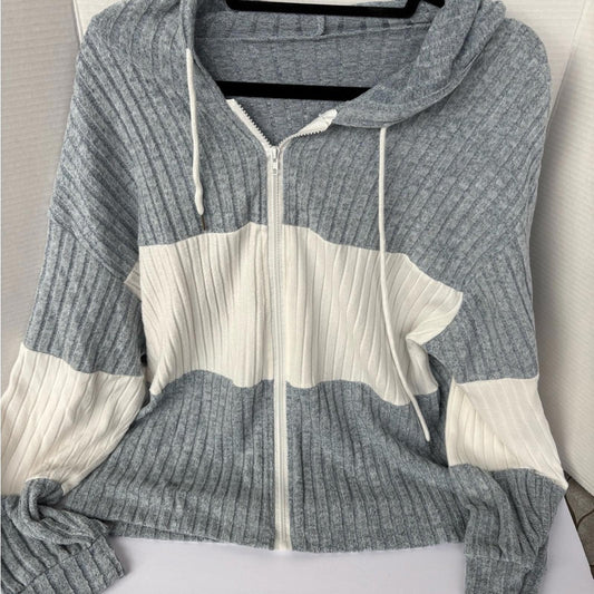 Gray and White Women's Hooded Cardigan