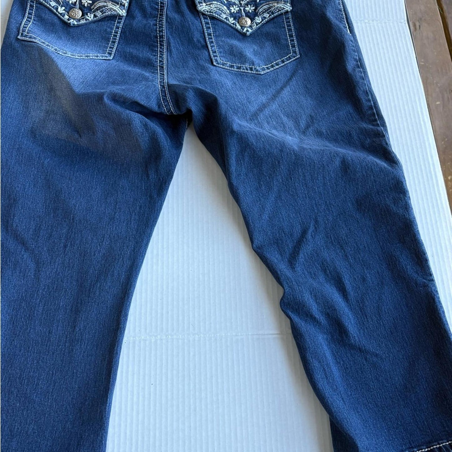 Love Indigo Blue Cropped Jeans with White Embroidery