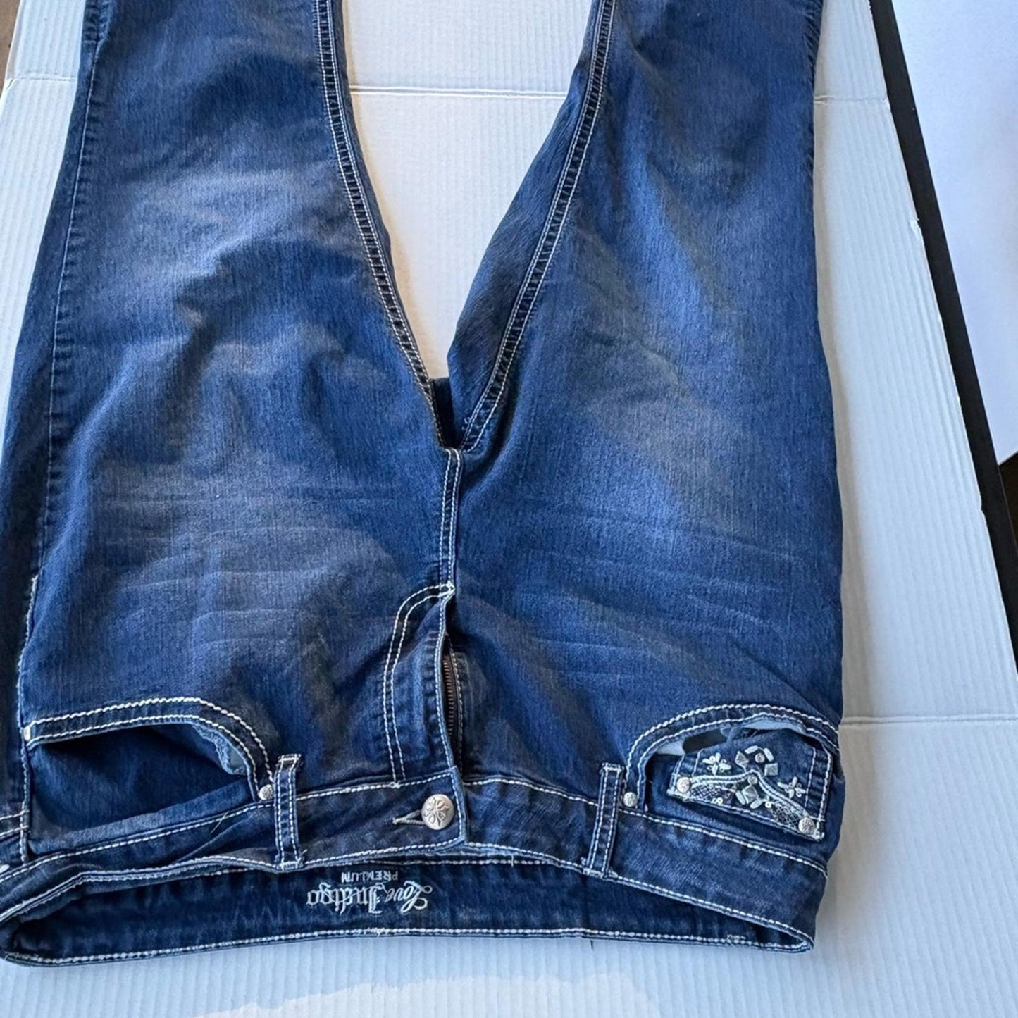 Love Indigo Blue Cropped Jeans with White Embroidery