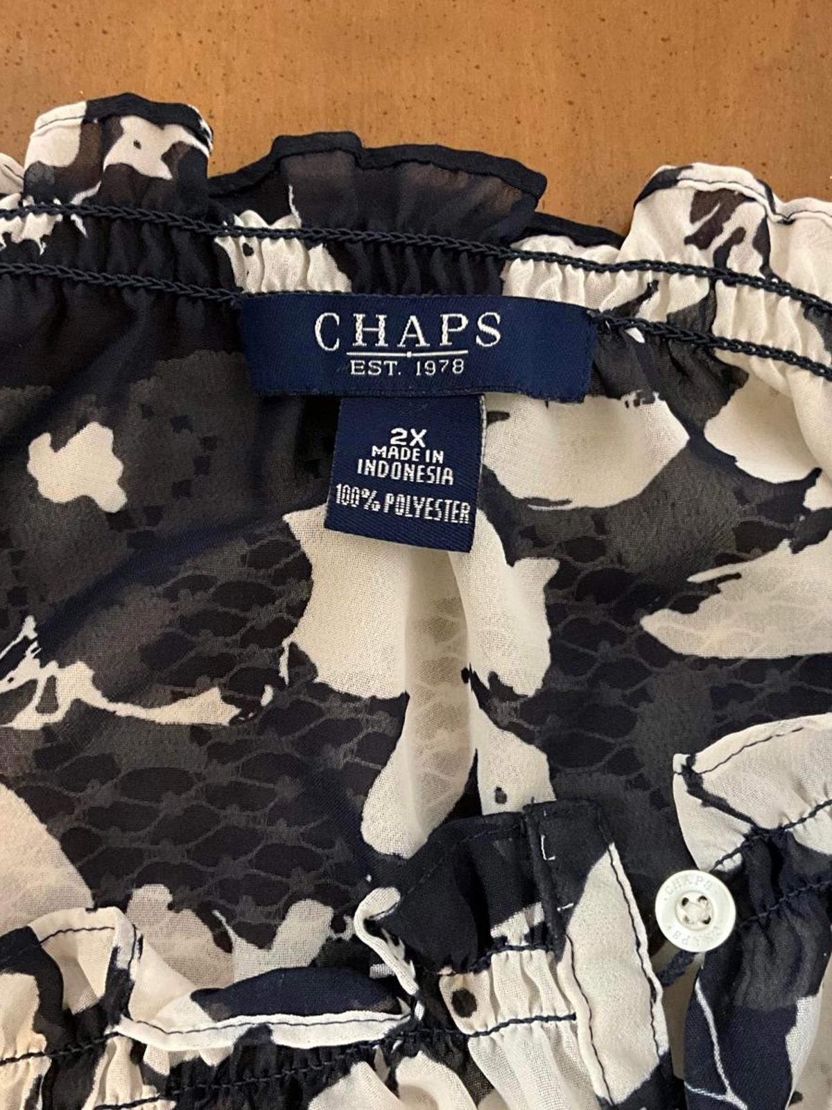 Chap's 2x Navy and White Floral Silky with an Elastic Neckline Blouse