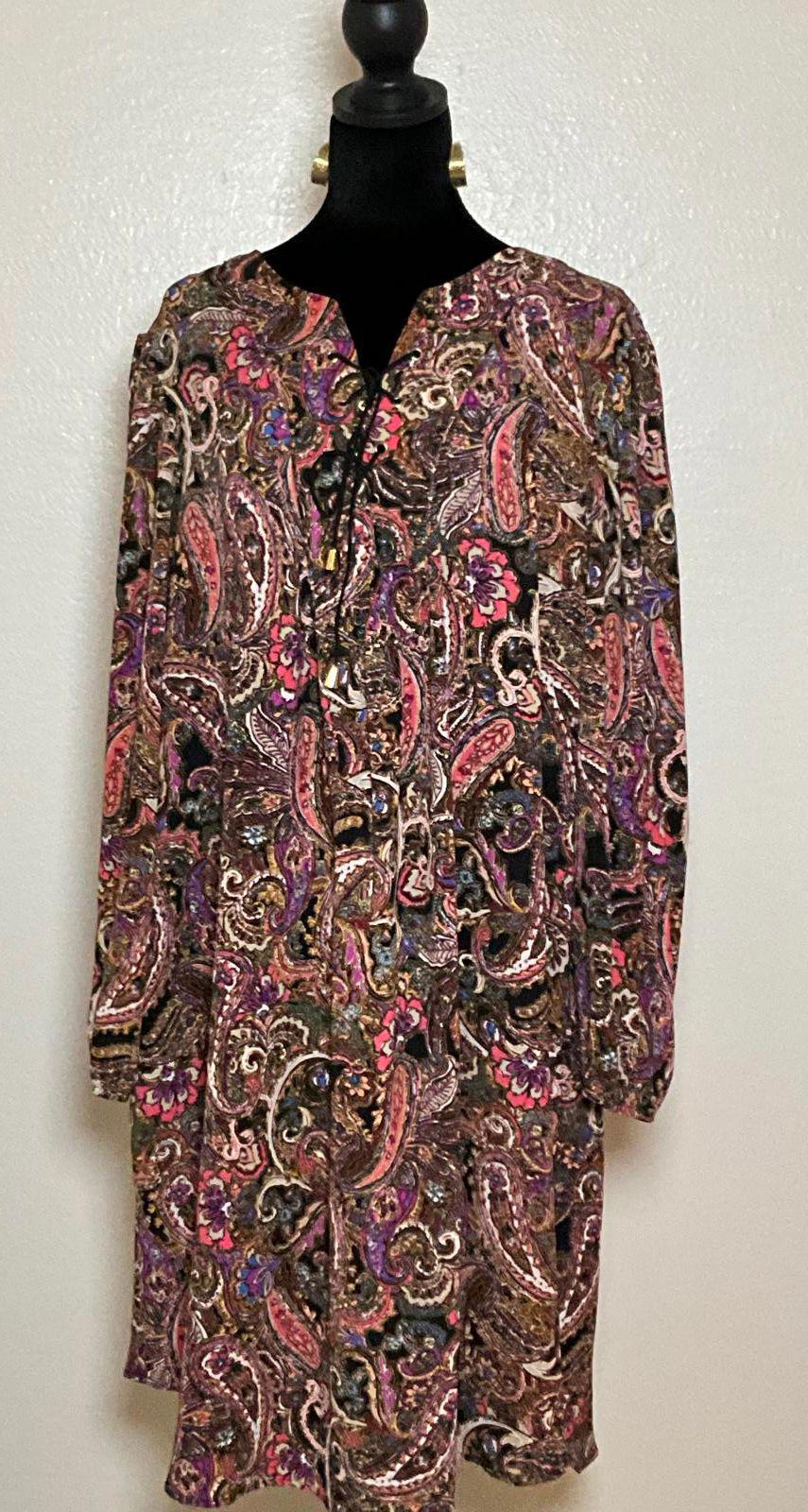 Emma & Michele Plus Size 2X Paisley Lace Up Boho Shift Dress Pink Purple