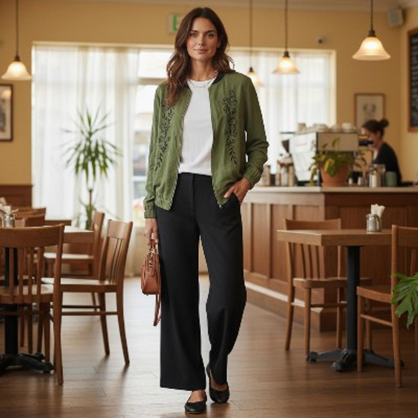 Adrienne Vittadini Olive Green Embroidered Full Zip Bomber Jacket Large L