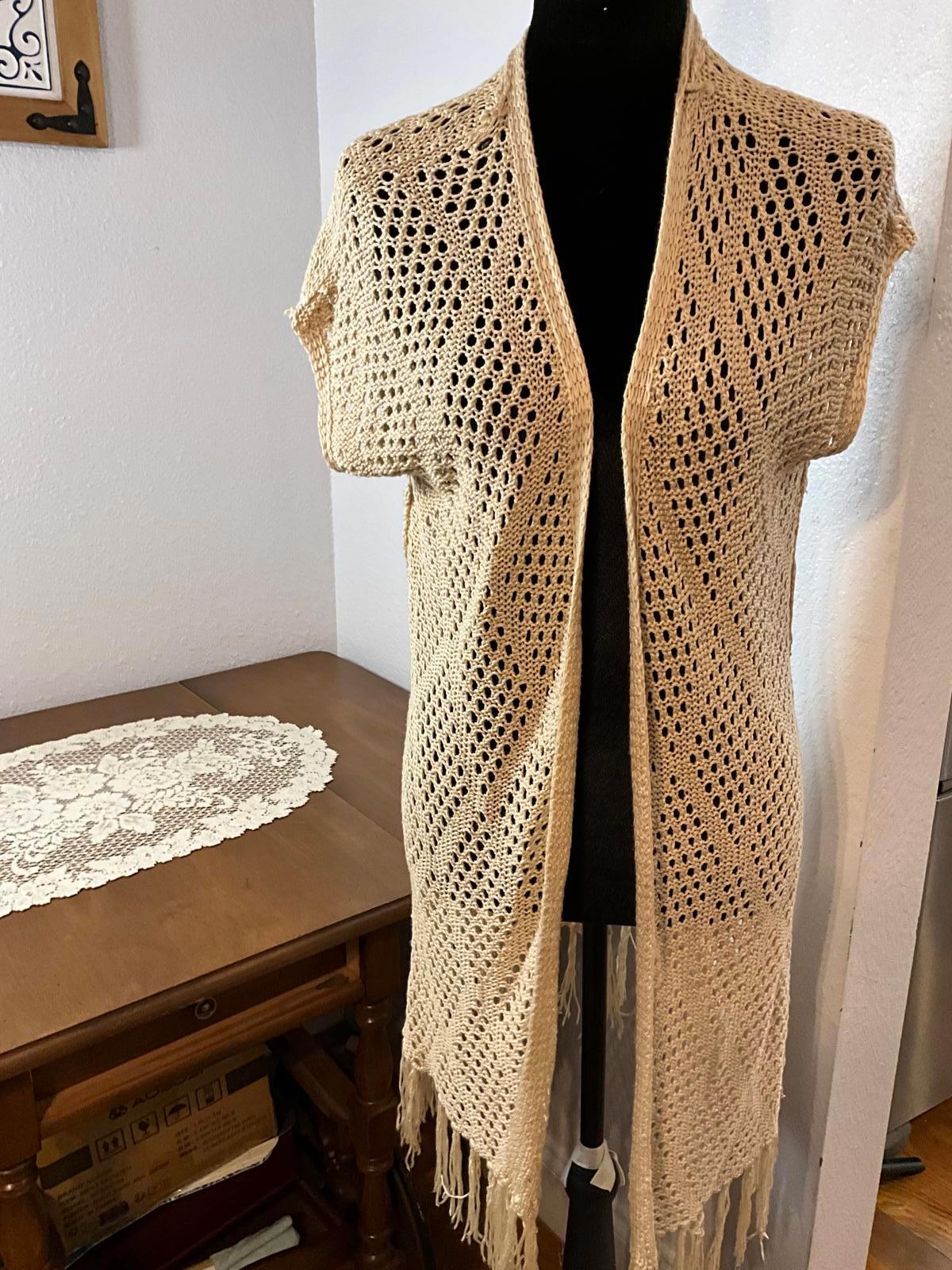 Beige Crochet Open Front Long Vest with Fringe