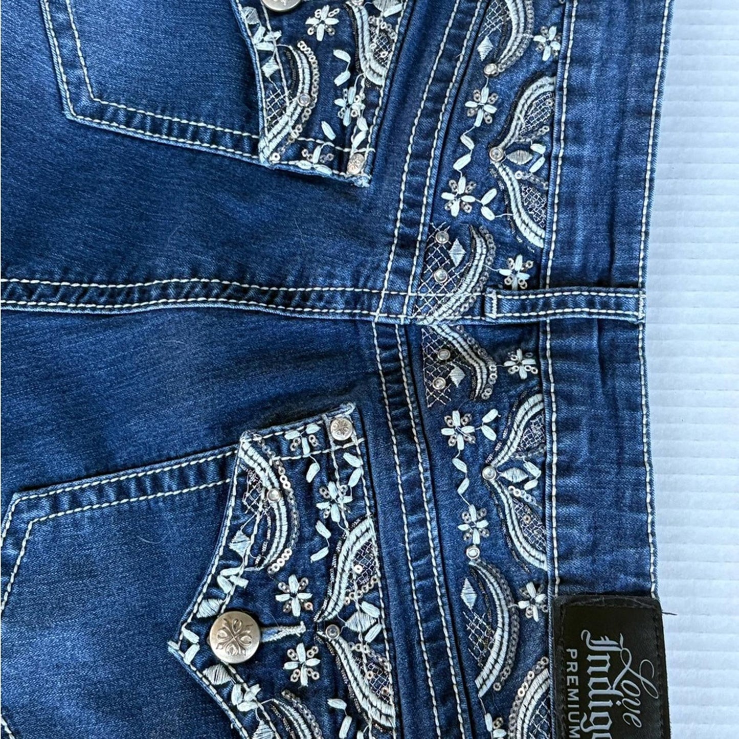 Love Indigo Blue Cropped Jeans with White Embroidery