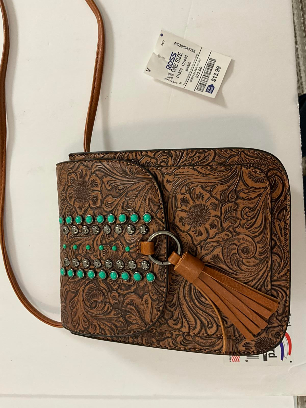 Brown Embossed faux Leather Crossbody Bag with Turquoise Studs and Tassel