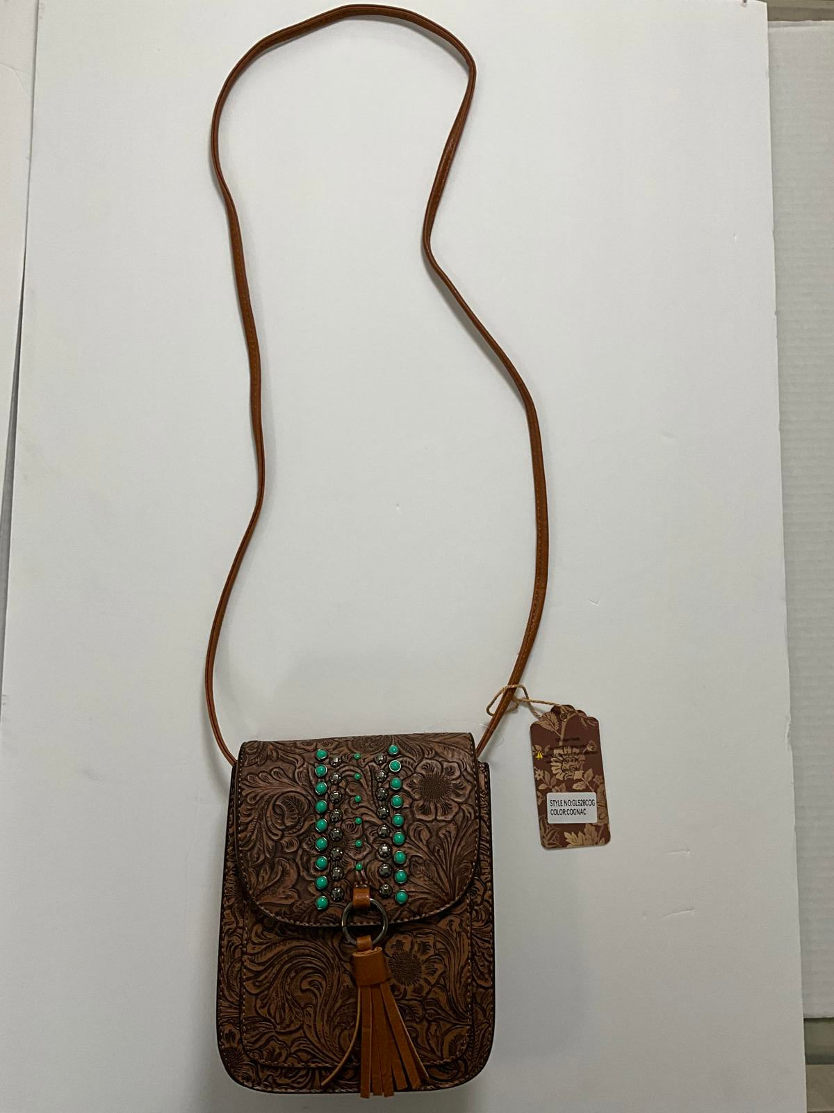 Brown Embossed faux Leather Crossbody Bag with Turquoise Studs and Tassel