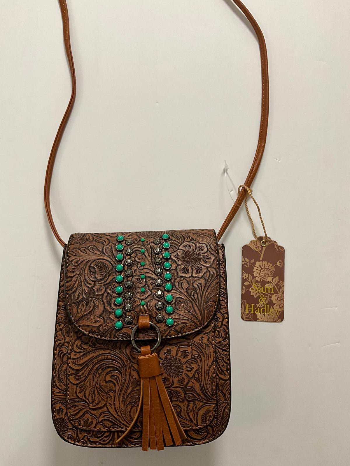 Brown Embossed faux Leather Crossbody Bag with Turquoise Studs and Tassel