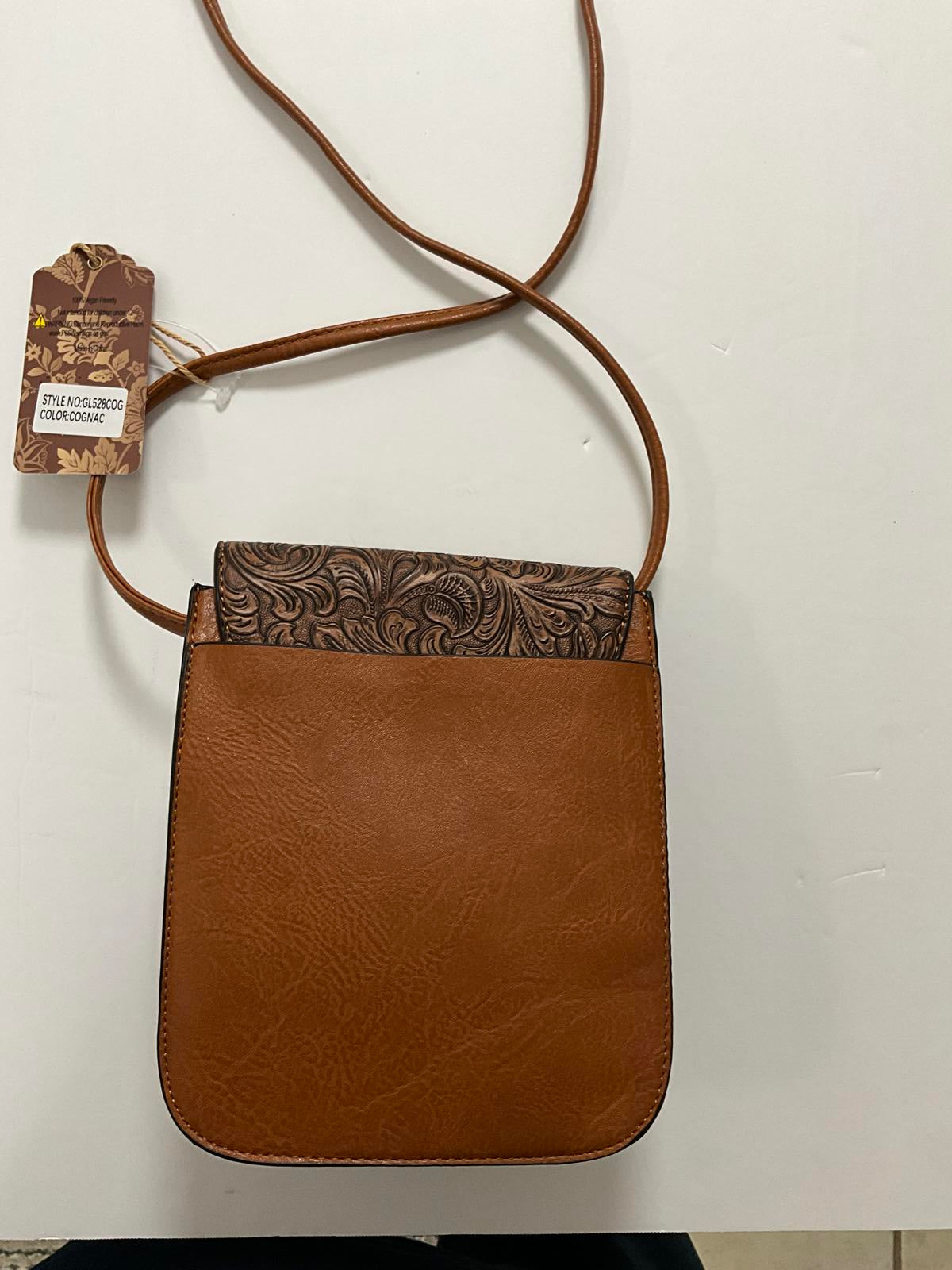 Brown Embossed faux Leather Crossbody Bag with Turquoise Studs and Tassel