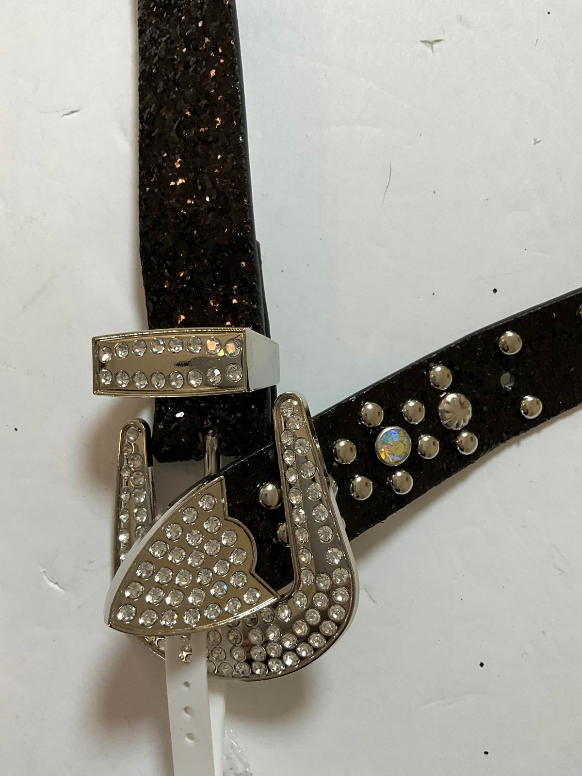 Brown Leather Belt with Rhinestone Studded Buckle Y2K vibe