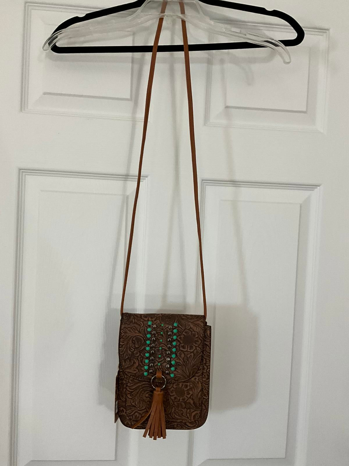 Brown Embossed faux Leather Crossbody Bag with Turquoise Studs and Tassel
