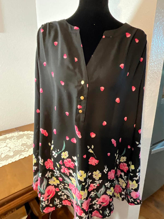 Investments Black Floral Print Long Sleeve Blouse with Gold Buttons-no size tag