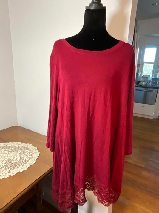 Zenana Premium XL Women's Long Sleeve Red Tunic Top with Lace Hem