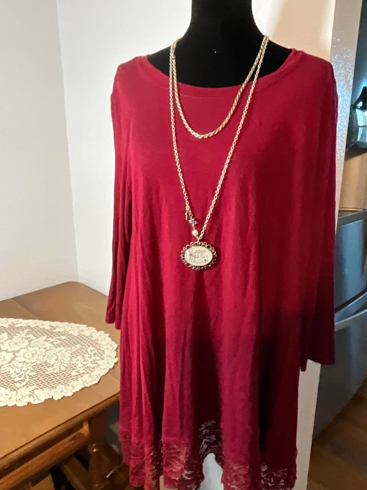 Zenana Premium XL Women's Long Sleeve Red Tunic Top with Lace Hem
