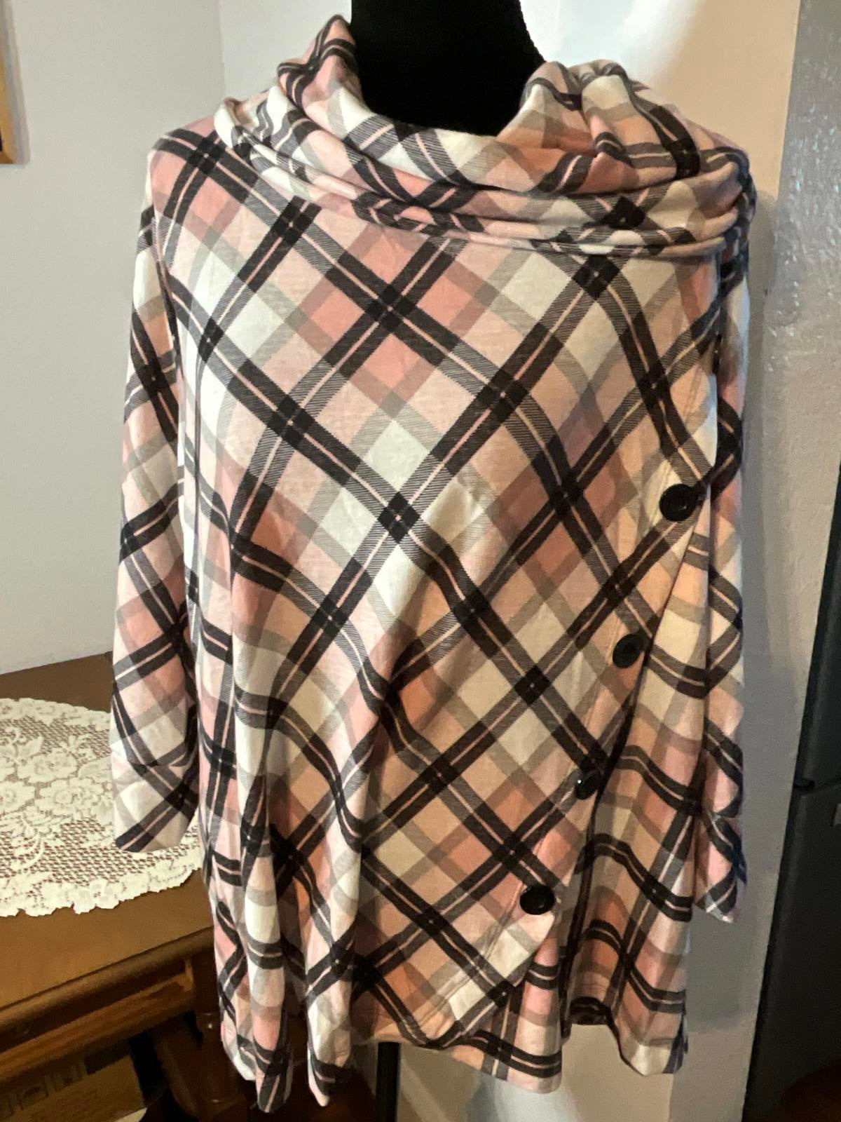 NWT Robert Louis XL Plaid Button-Accent Poncho Cape with Cowl Neck