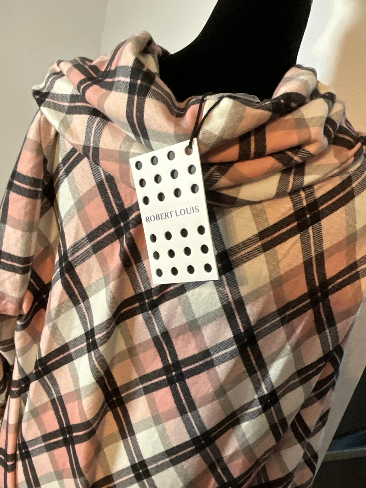 NWT Robert Louis XL Plaid Button-Accent Poncho Cape with Cowl Neck
