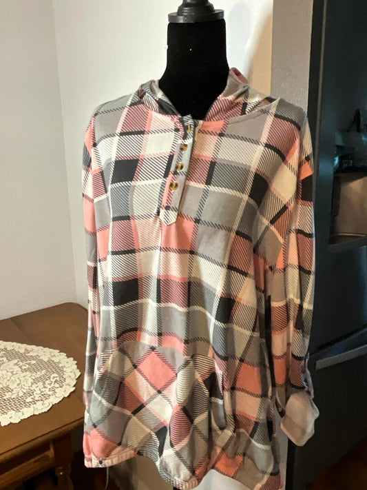 Cozy Robert Louis XL Plaid Hooded Pullover with Button Detail and Front Pocket