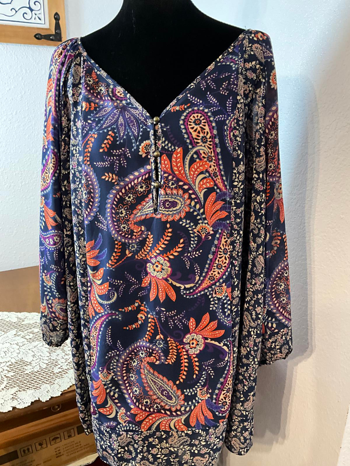 Chaps 2x Bohemian-Style Navy Lightweight Long Sleeve Paisley Print Shirt