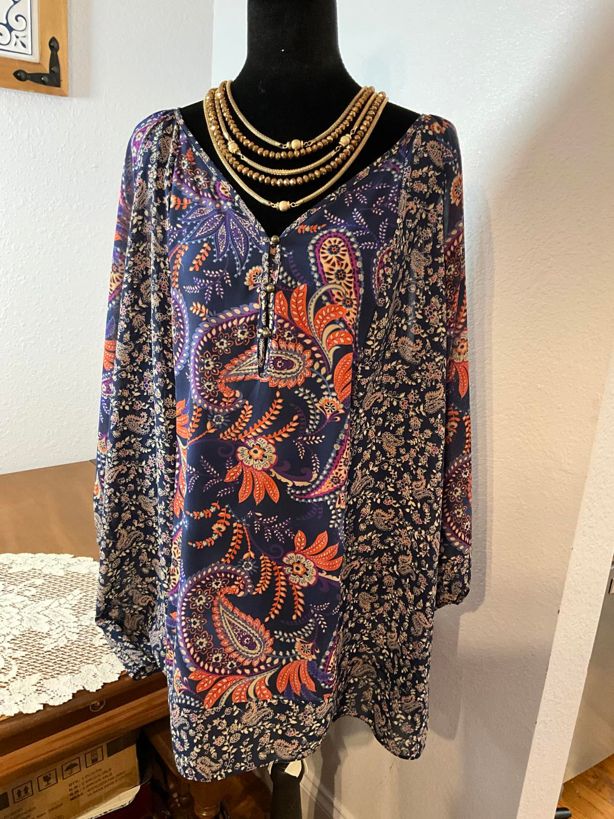 Chaps 2x Bohemian-Style Navy Lightweight Long Sleeve Paisley Print Shirt