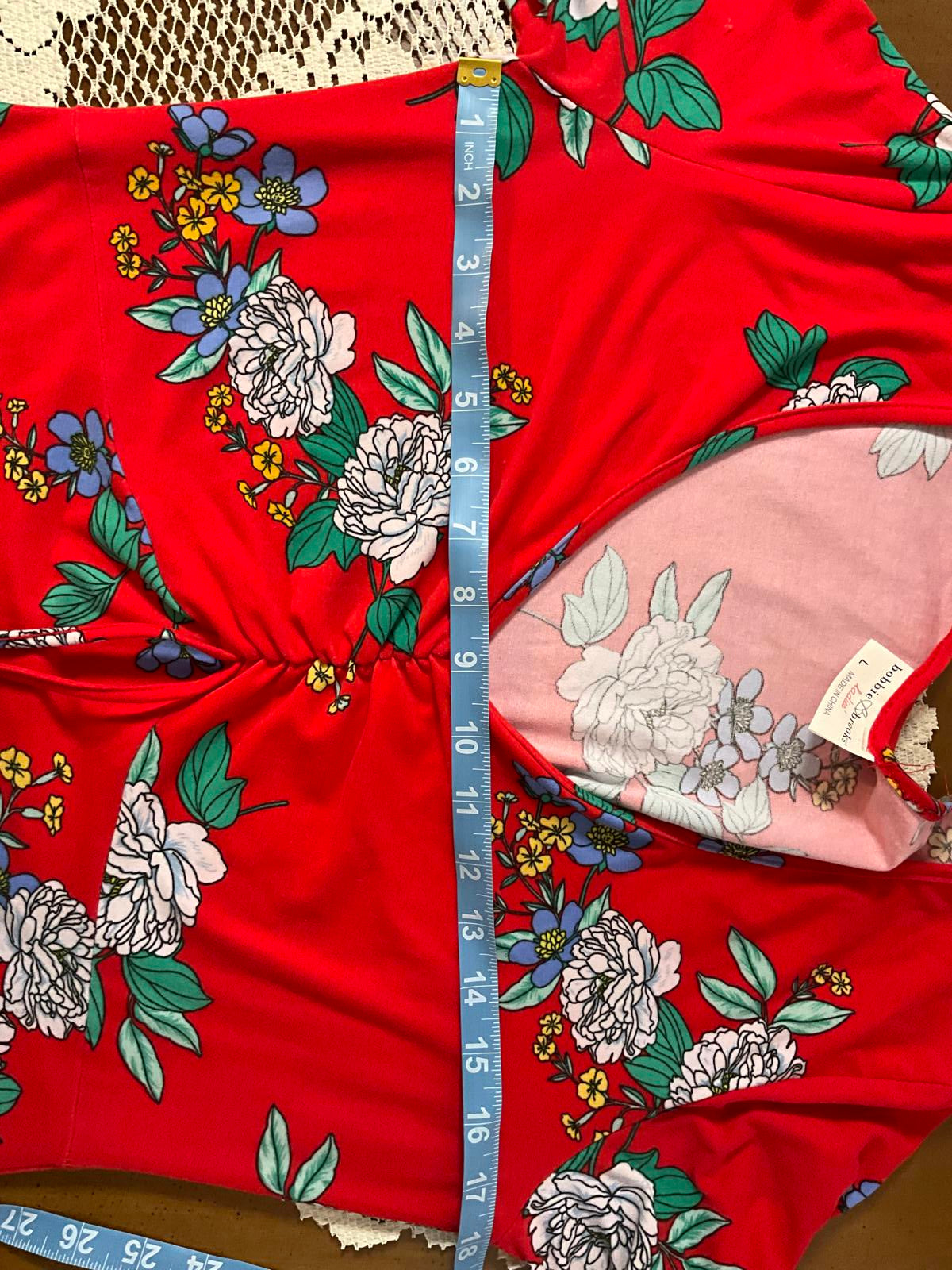 Bobbie Brooks L Red Floral Long Sleeve Lightweight Soft Dress with Ruched Front