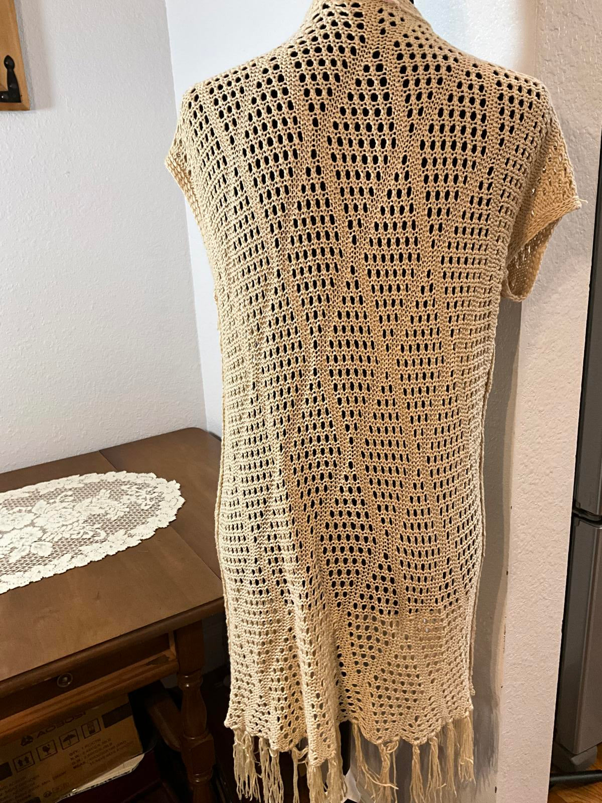 Beige Crochet Open Front Long Vest with Fringe