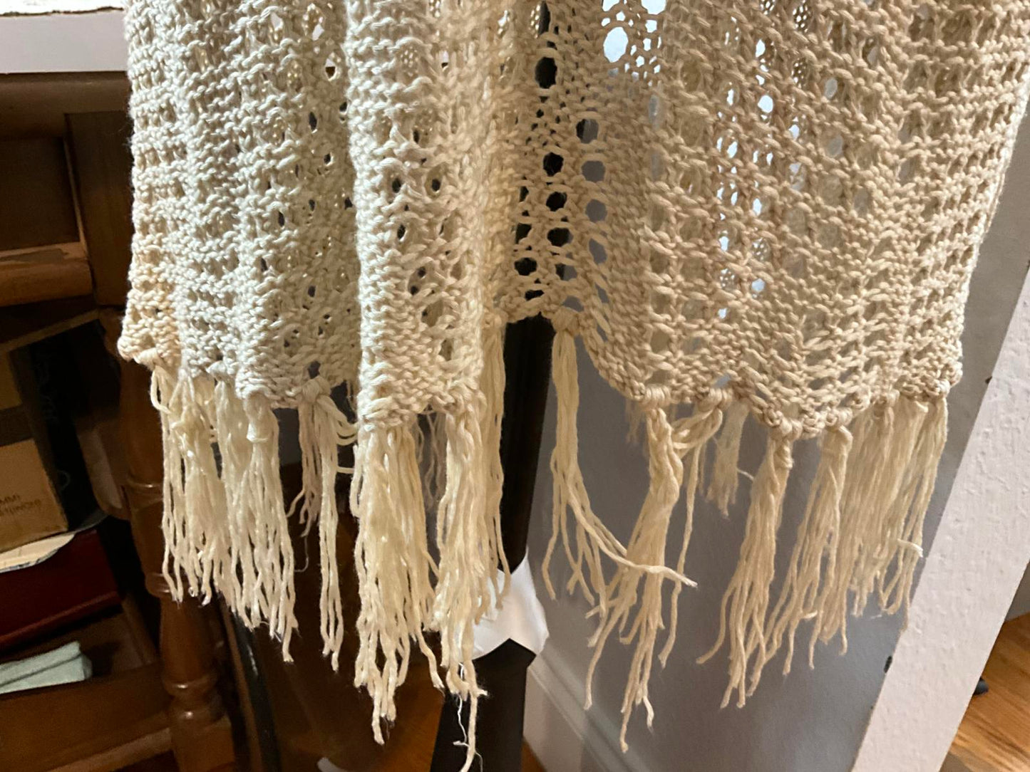 Beige Crochet Open Front Long Vest with Fringe