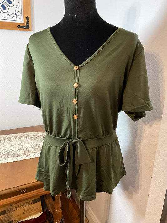 Lavash XL Olive Green Short Sleeve Button Front Peplum Top with Waist Tie