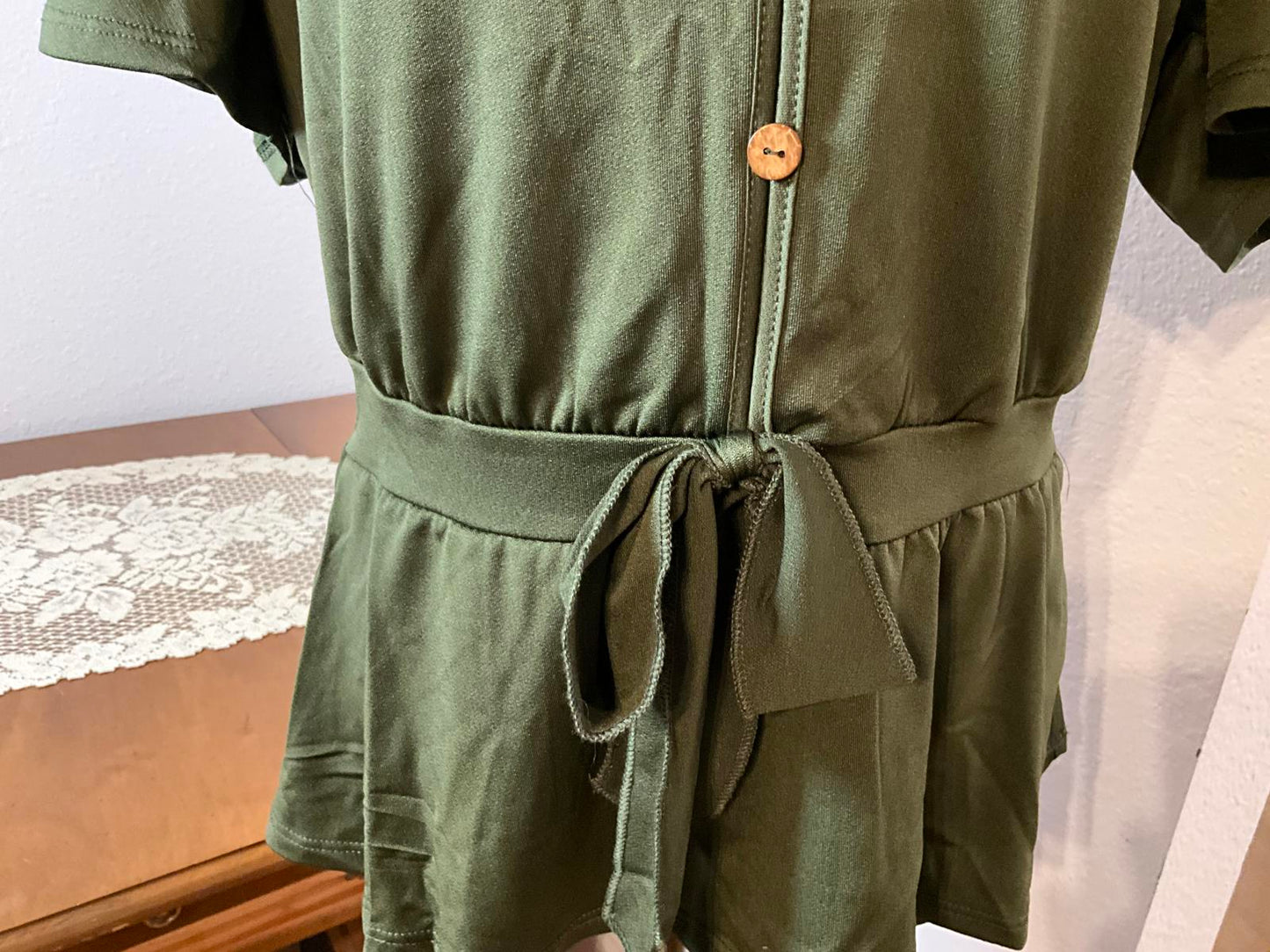 Lavash XL Olive Green Short Sleeve Button Front Peplum Top with Waist Tie