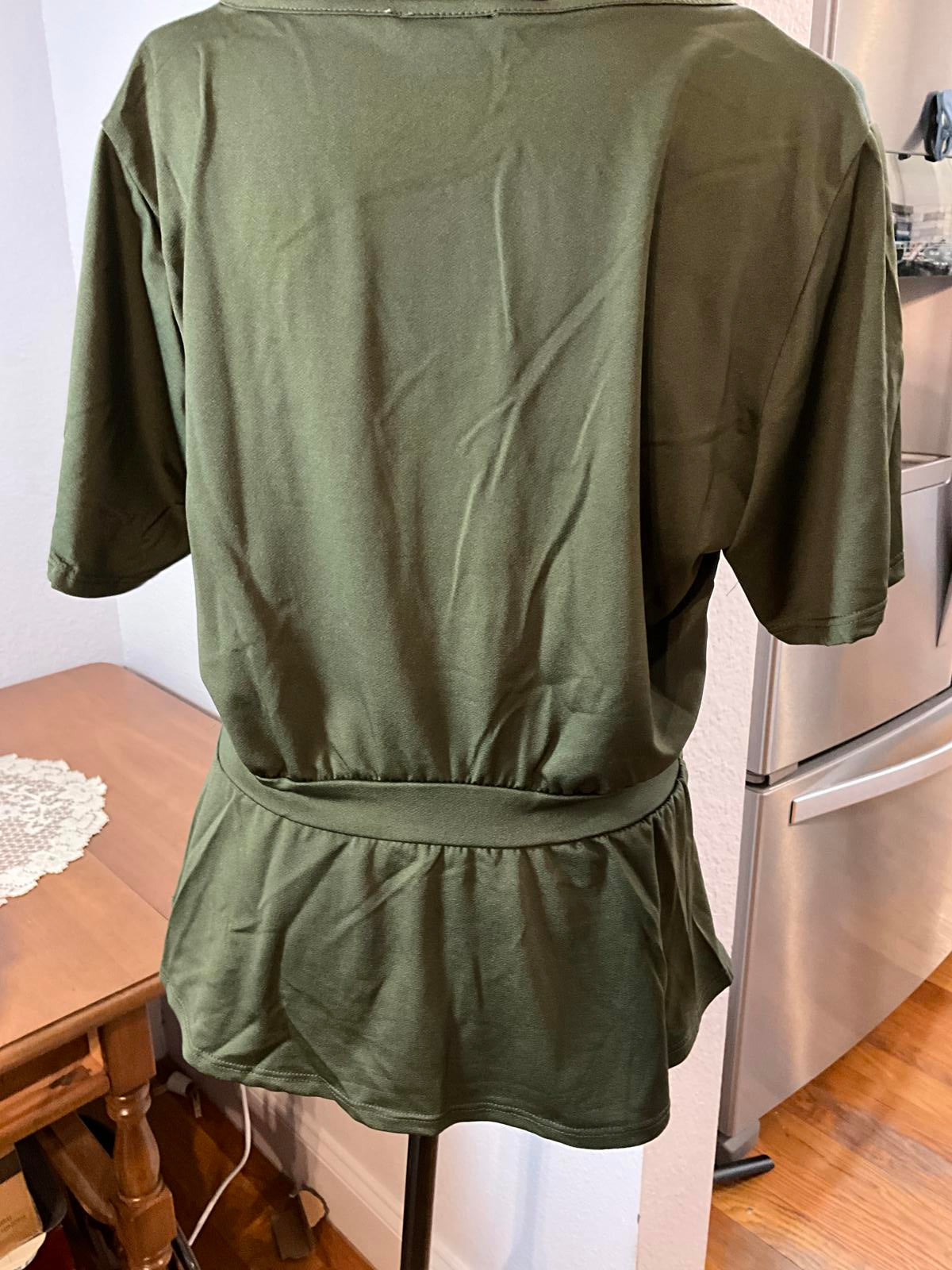 Lavash XL Olive Green Short Sleeve Button Front Peplum Top with Waist Tie