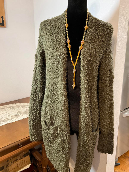 Cozy KL Olive Green Textured Open Front Cardigan Sweater