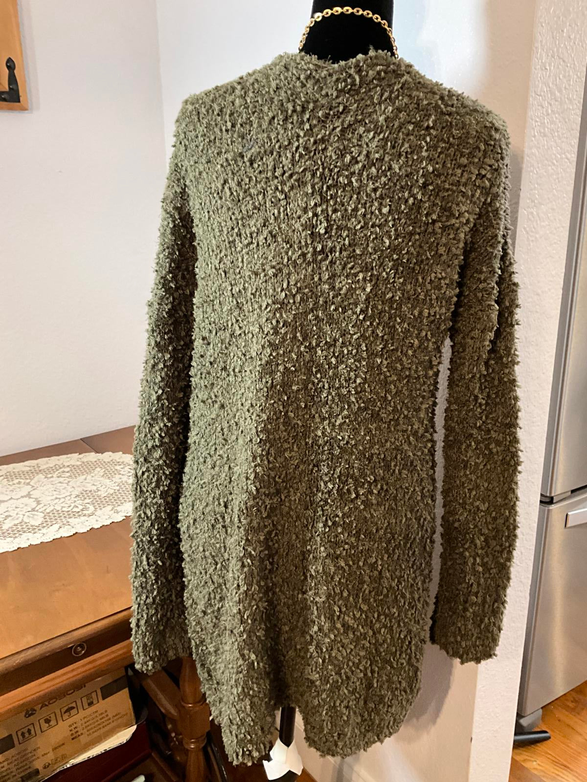 Cozy KL Olive Green Textured Open Front Cardigan Sweater