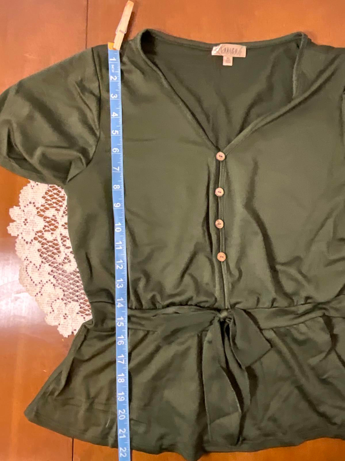 Lavash XL Olive Green Short Sleeve Button Front Peplum Top with Waist Tie