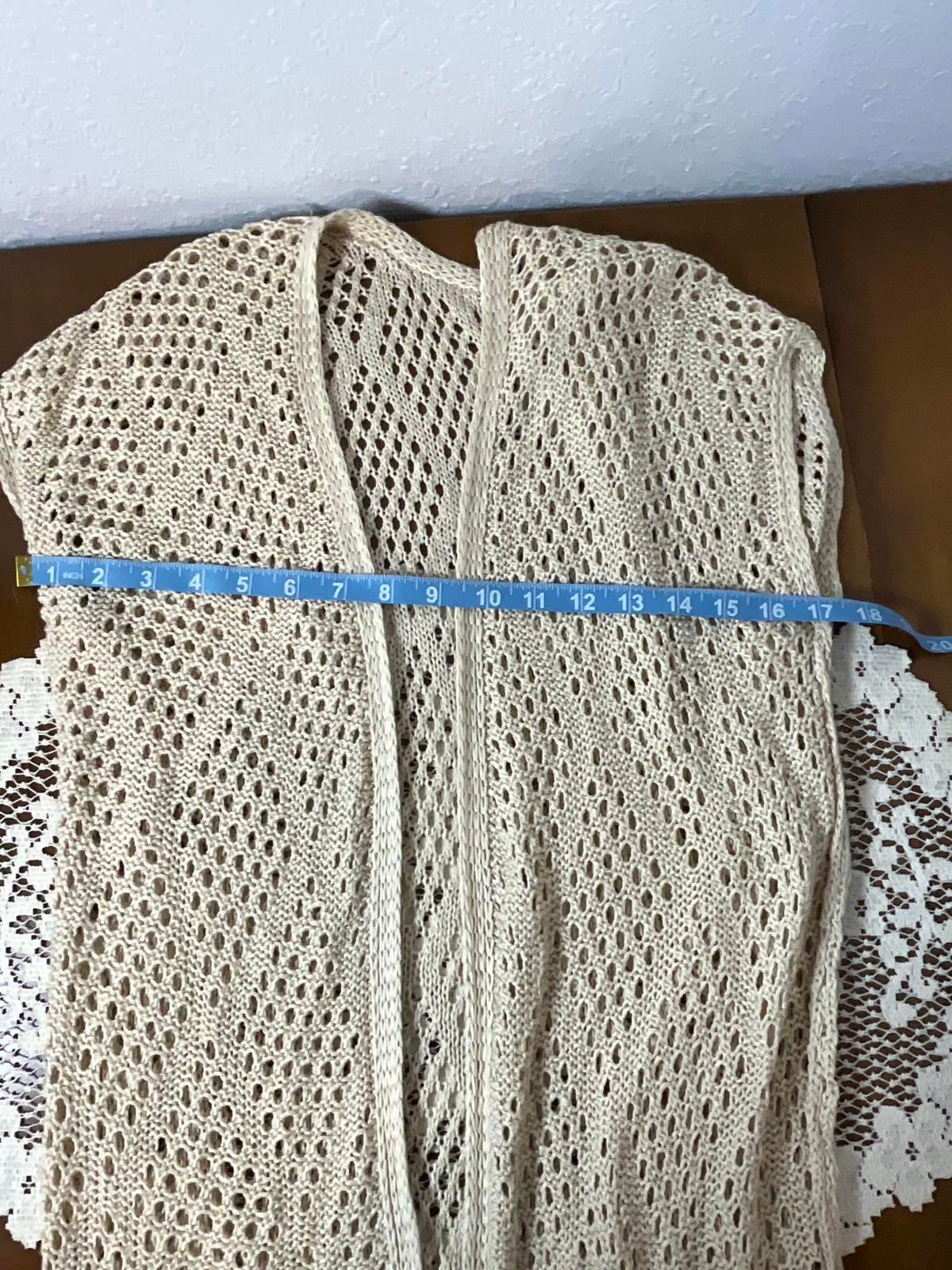Beige Crochet Open Front Long Vest with Fringe