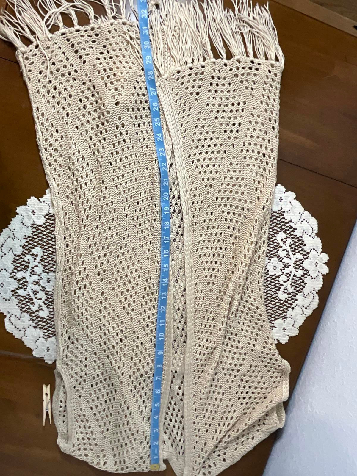 Beige Crochet Open Front Long Vest with Fringe