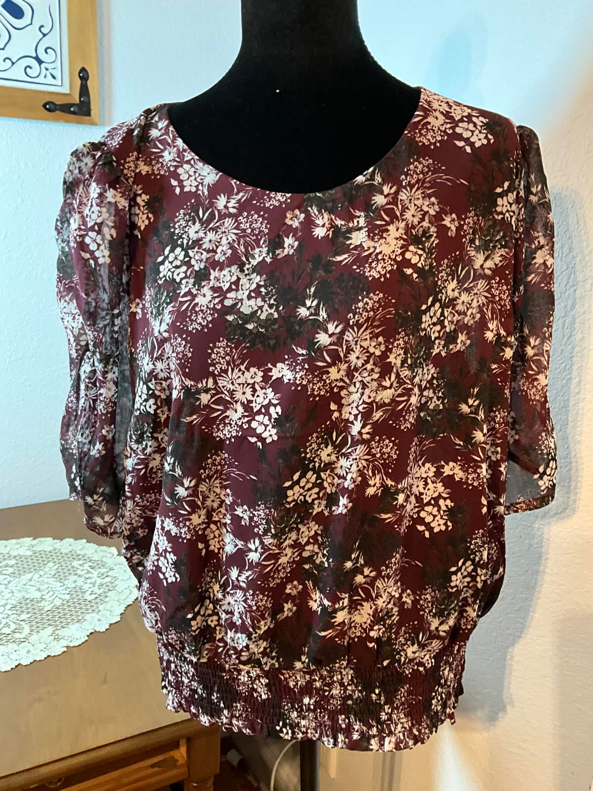 Soft Romantic Women's Sheer Sleeve Feminine Boho Floral Blouse in Burgundy