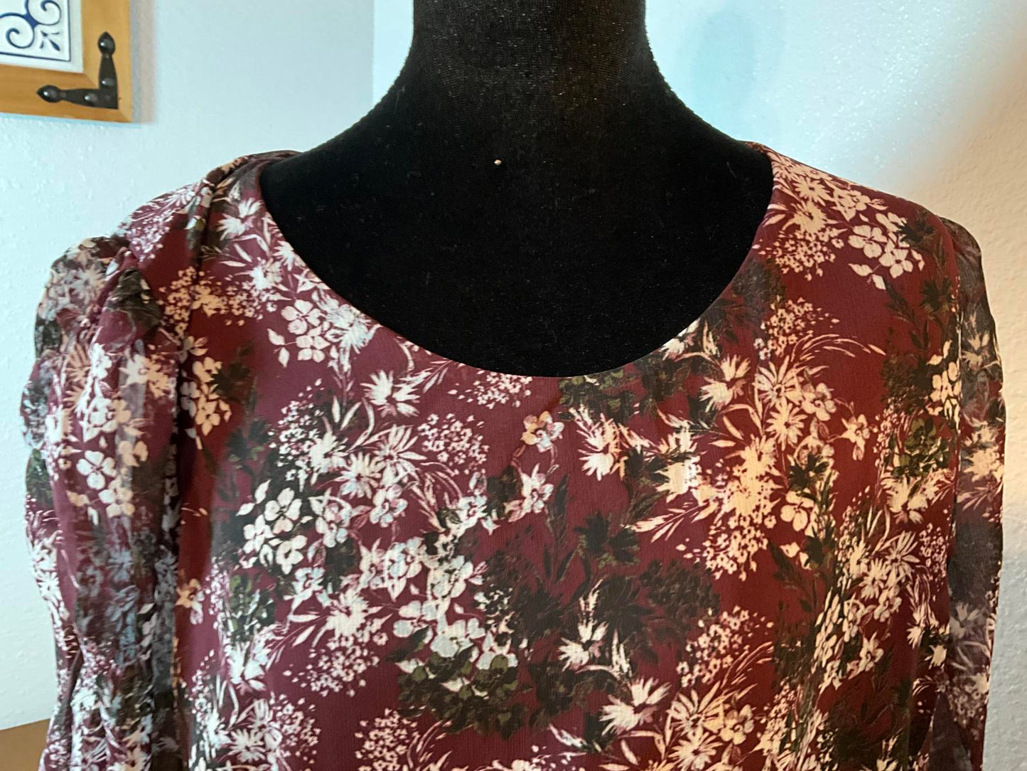 Soft Romantic Women's Sheer Sleeve Feminine Boho Floral Blouse in Burgundy