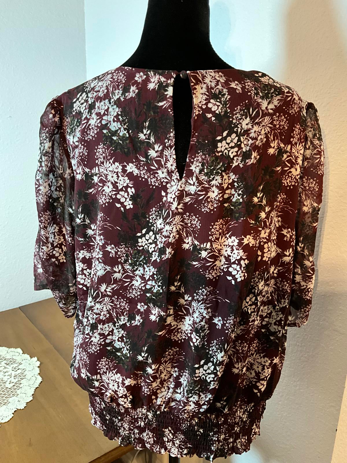 Soft Romantic Women's Sheer Sleeve Feminine Boho Floral Blouse in Burgundy