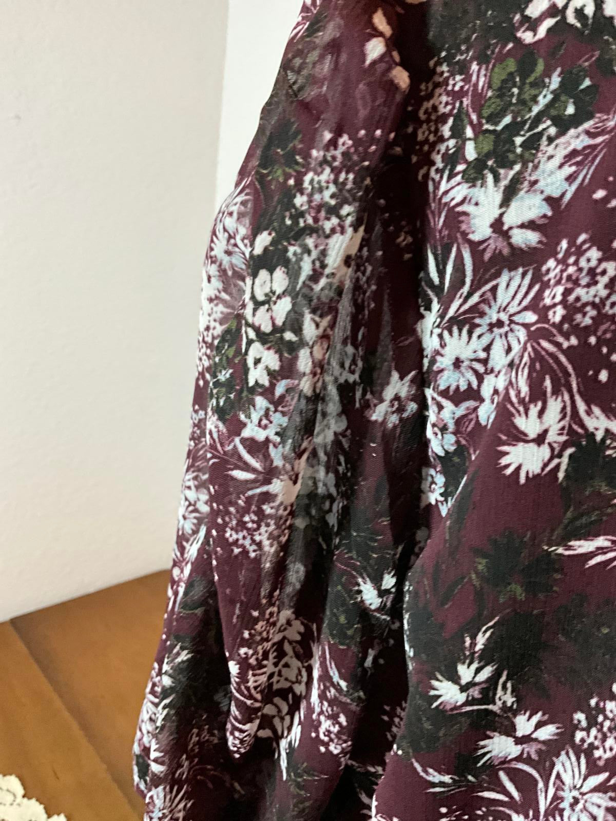 Soft Romantic Women's Sheer Sleeve Feminine Boho Floral Blouse in Burgundy