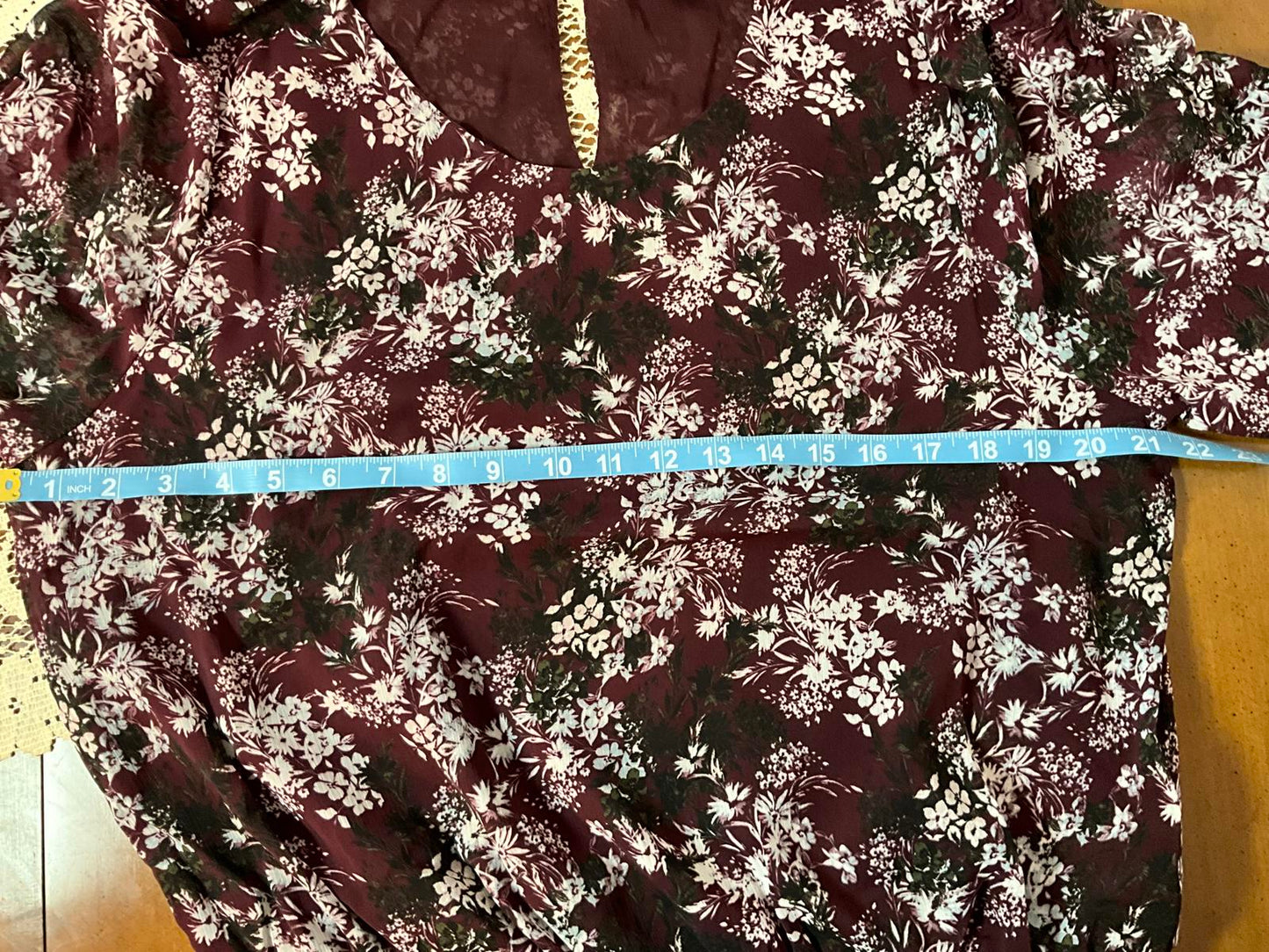 Soft Romantic Women's Sheer Sleeve Feminine Boho Floral Blouse in Burgundy