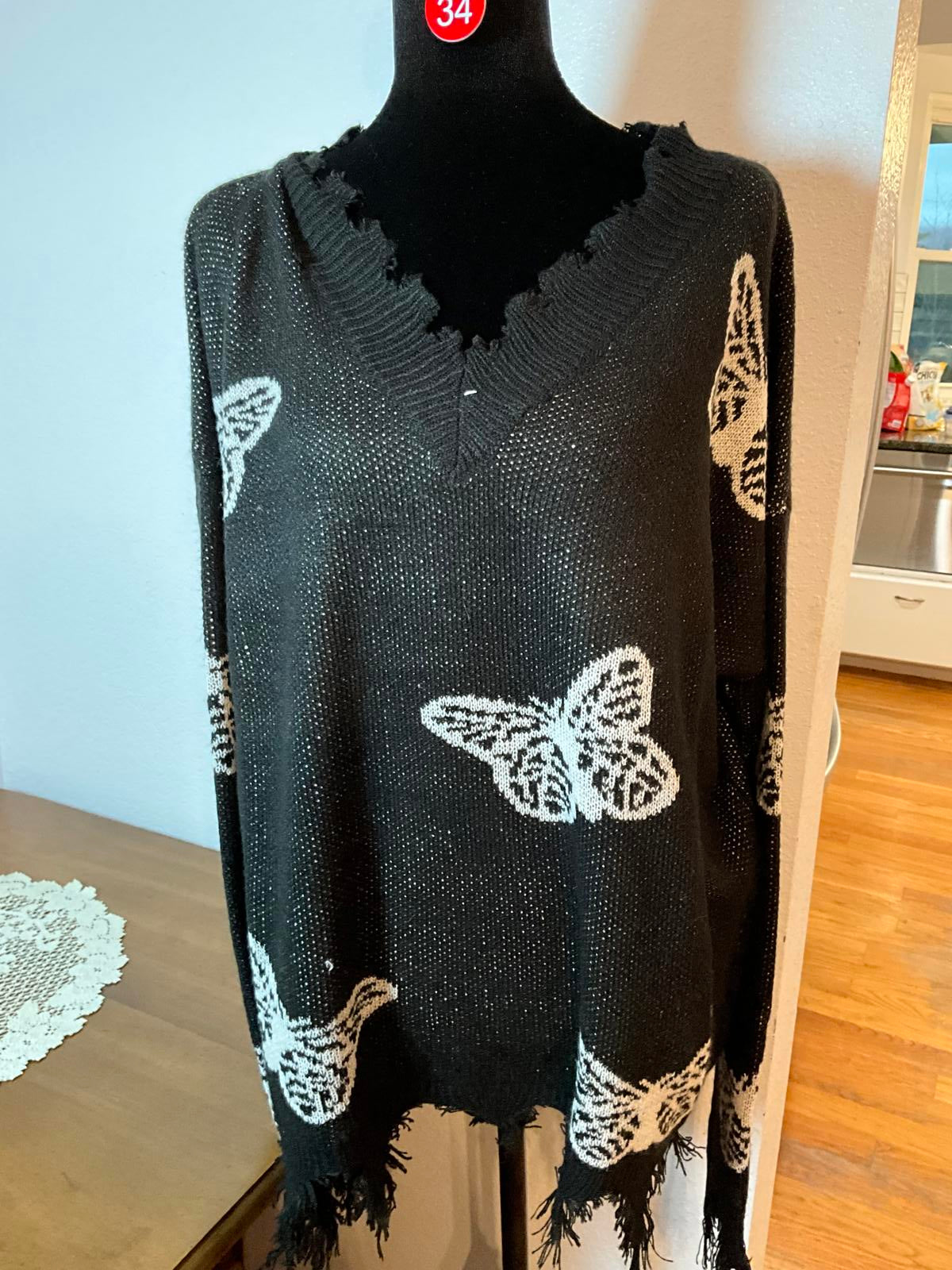 Trendy Three XL Black Knit Sweater with White Butterfly Pattern