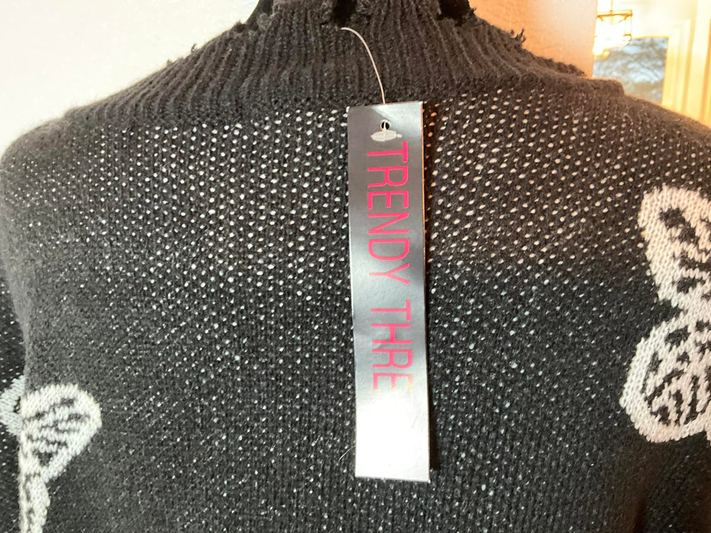 Trendy Three XL Black Knit Sweater with White Butterfly Pattern
