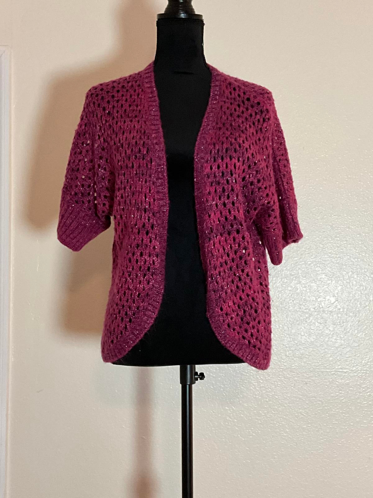 Copper Key Purple Open Weave Knit Cardigan M Crochet Boho Layering Lavender