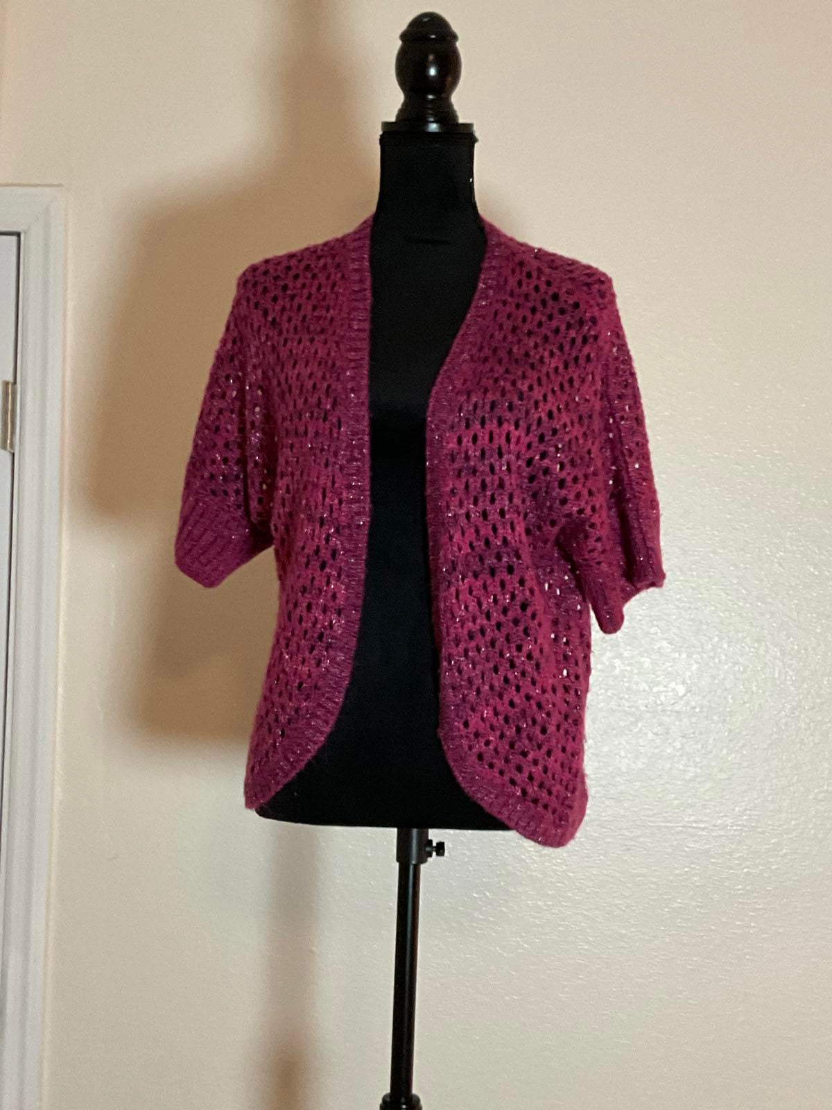 Copper Key Purple Open Weave Knit Cardigan M Crochet Boho Layering Lavender
