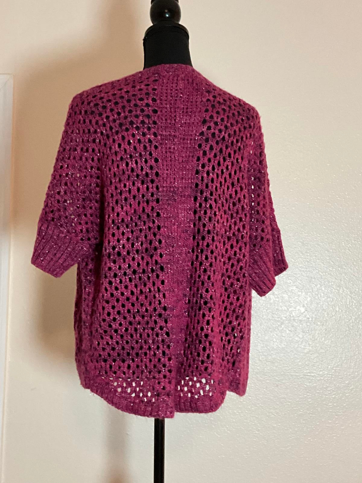 Copper Key Purple Open Weave Knit Cardigan M Crochet Boho Layering Lavender