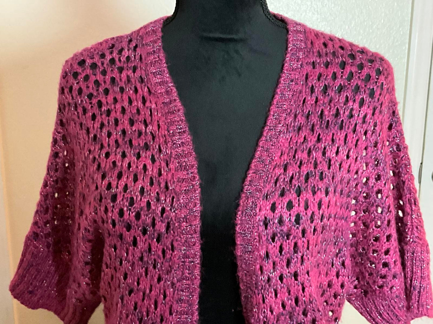 Copper Key Purple Open Weave Knit Cardigan M Crochet Boho Layering Lavender