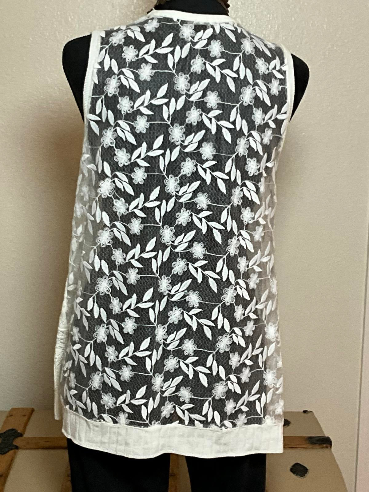 Jenny Cream Lace Vest Ivory Sheer Back Crochet Knit Sleeveless Cardigan Large