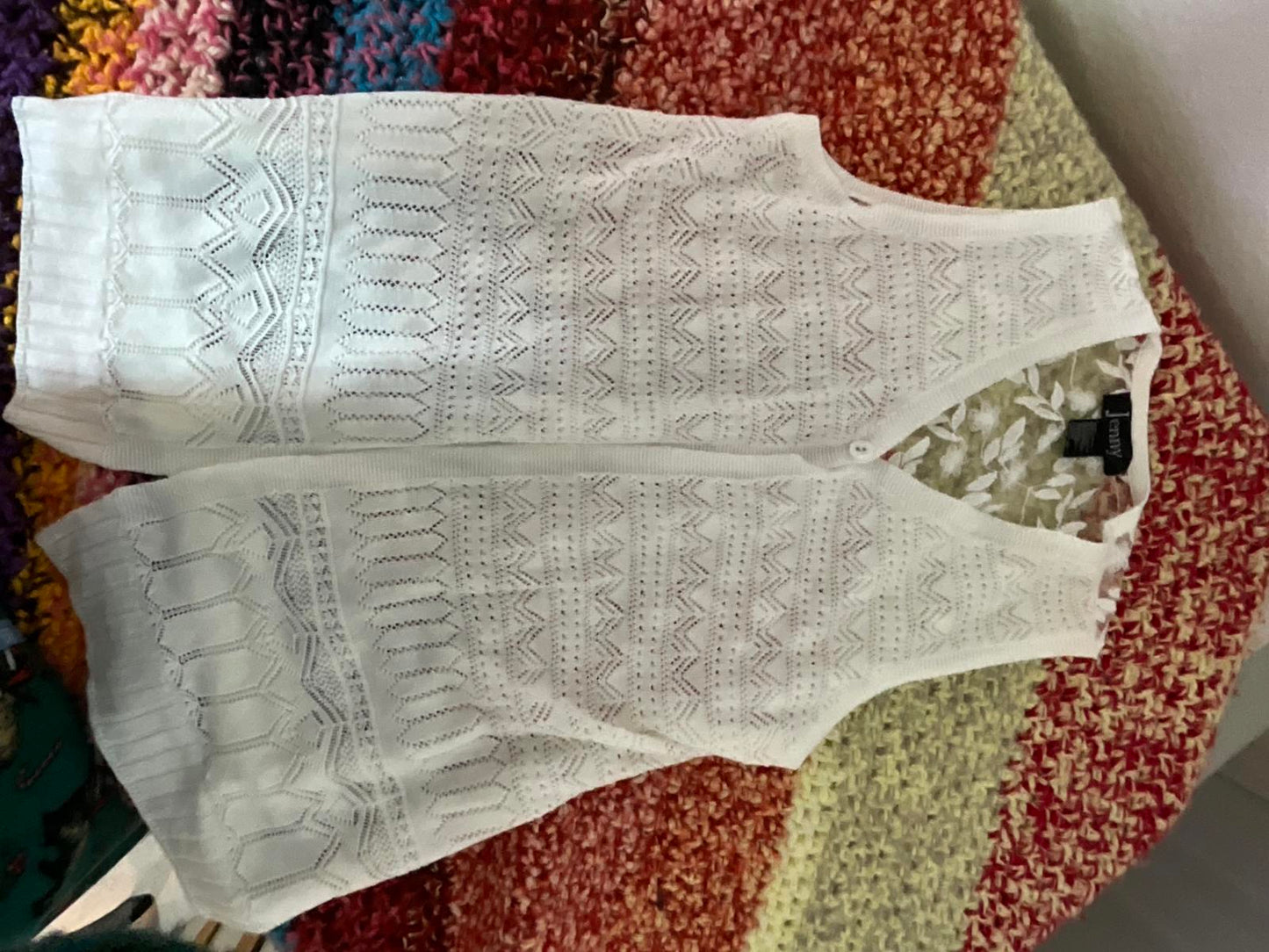 Jenny Cream Lace Vest Ivory Sheer Back Crochet Knit Sleeveless Cardigan Large