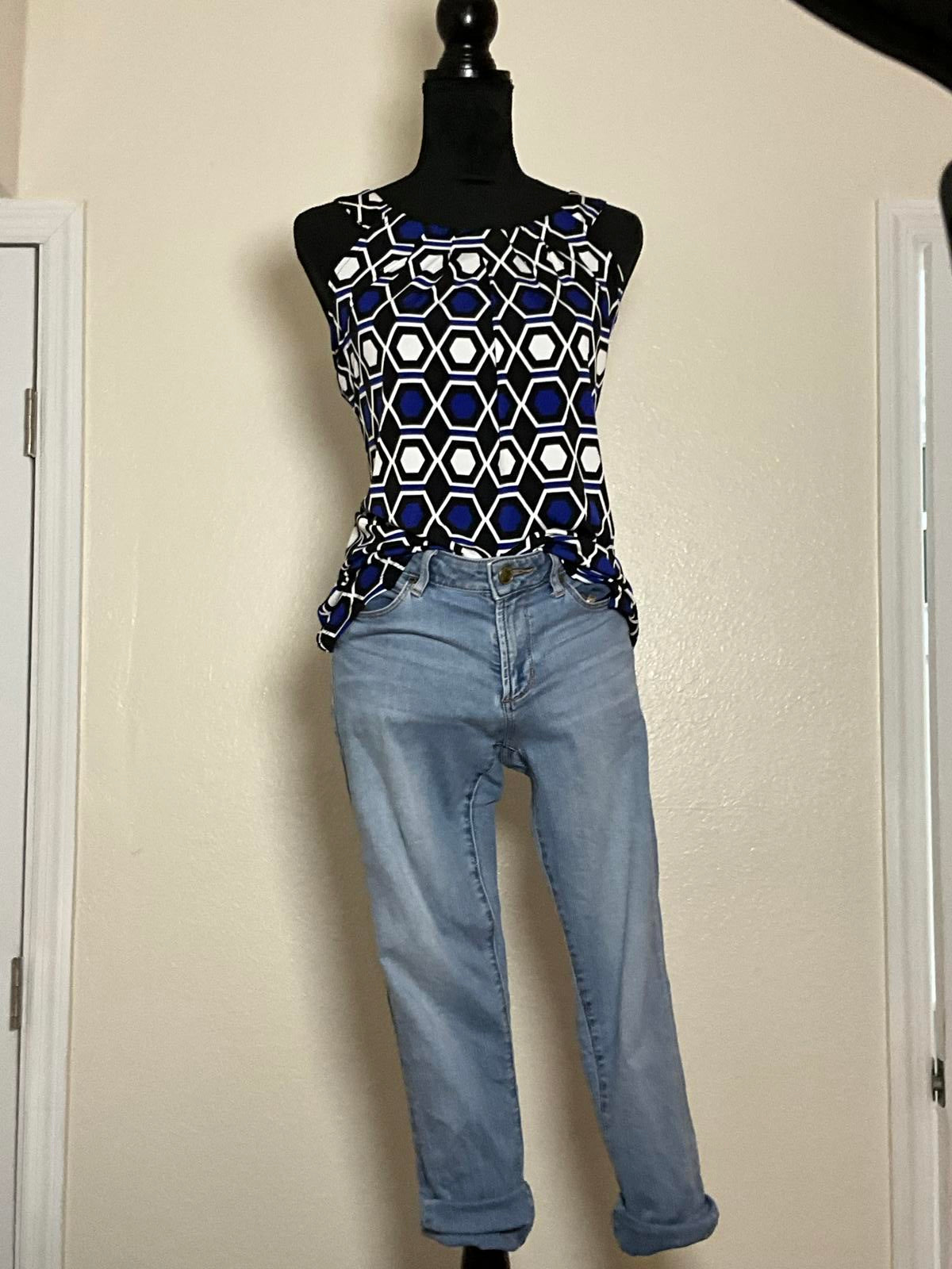 By Design Royal Blue Black White Geometric Sleeveless Blouse
